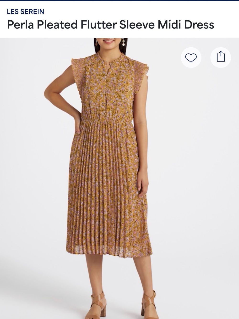 Les Serein Perla Pleated Flutter Sleeve Midi Dress - Mustard Floral